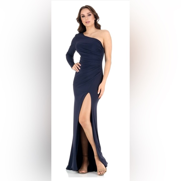 NWT Mac Duggal Stretch Jersey One Sleeve Gathered Waist Gown Dress Navy Size 10 - Picture 4 of 12